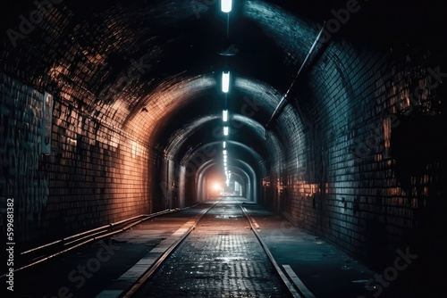 Tunnel Illuminated By Car Headlights At Night. Generative AI