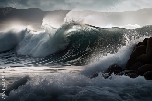 Tsunami With Waves Crashing On Shore. Generative AI photo