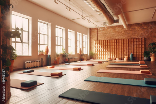 Yoga Studio With Mats And Blocks Arranged Neatly. Generative AI