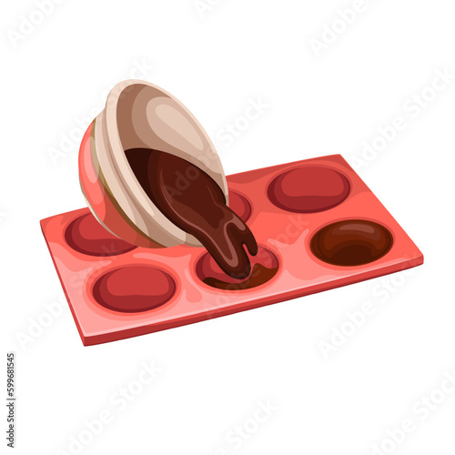 Chocolate bombs cooking in mold vector illustration. Cartoon isolated chocolate stream falling into red silicone tray for coating round cup inside, recipe for making candy choco ball for hot drink