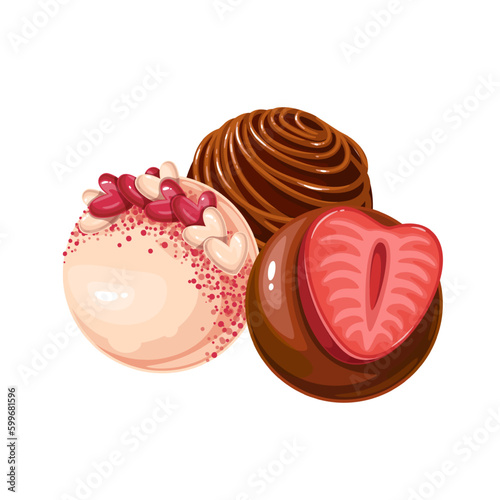 Chocolate bombs vector illustration. Cartoon isolated cocoa balls full of marshmallow for hot drink, group of variety cakes with candy hearts, sweet sauce swirls and strawberry decoration on top
