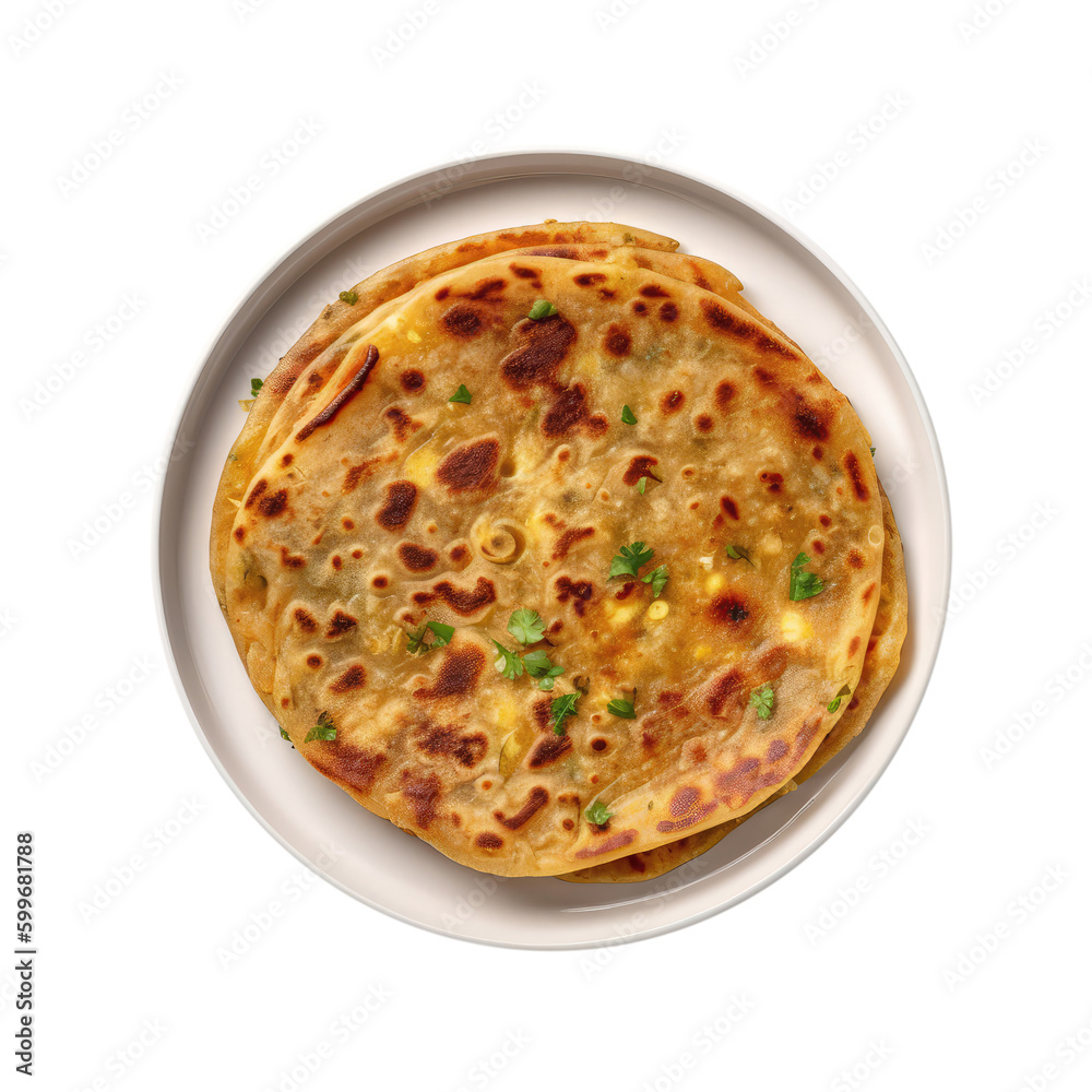 Aloo Paratha Indian Dish On White Plate. Isolated On A Transparent Background, Png. Generative AI