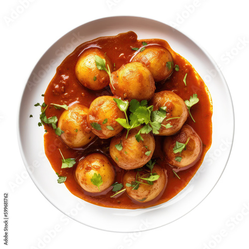 Dum Aloo Indian Dish On White Plate. Isolated On A Transparent Background, Png. Generative AI