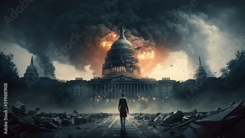 US Capitol Building on fire, The final days of the United States of America with Generative AI. photo