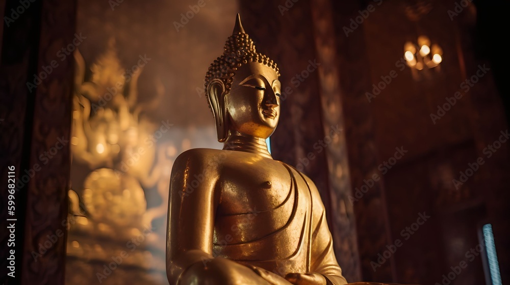 golden buddha statue in the temple, Generative AI - obrazy, fototapety, plakaty 