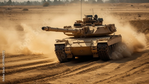 Desert combat with a battle tank that supports the army on the advance. us, russia, ukraine, military, army, chinese, vehicle, gun, battle, weapon, armored. Generative AI. photo