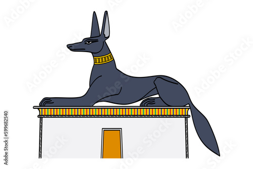Anubis as a jackal, perched atop a tomb. In ancient Egyptian religion god of funerary rites, protector of graves, and guide to the underworld. Also known as Inpu or Anpu, usually depicted as a canine.