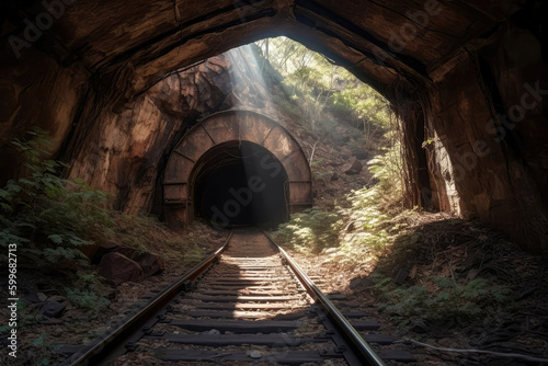 Abandoned Mine Tunnel With Rusted Tracks. Generative AI
