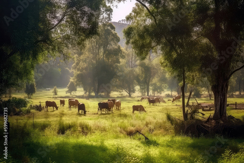 Animal Sanctuary Animals Grazing In Spacious Sanctuary With Greenery. Generative AI