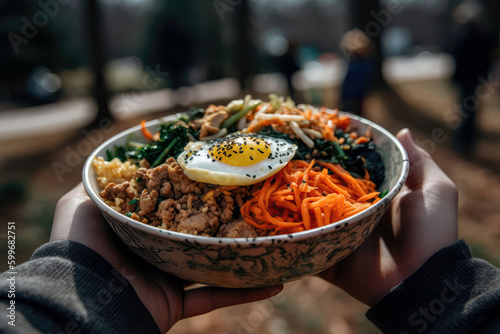 Bibimbap In Hand  Closeup  In Front Of The Park. Generative AI