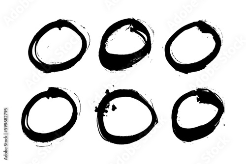 Set of circle dirty stroke brush. Hand painted line ink blob, grunge circle. Vector element illustration