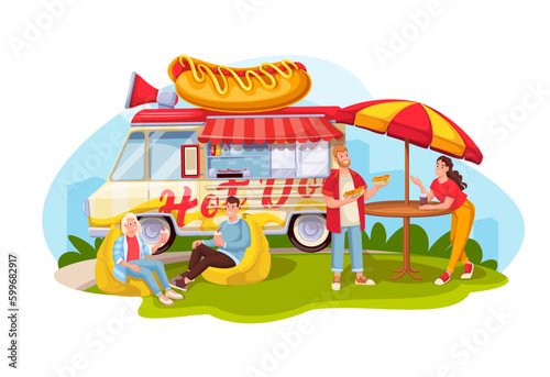 Hot dog truck with people vector illustration. Cartoon owner of street cafe or vendor serving fast food to customer at table in summer park, man and woman sitting in bean bag chair to drink soda