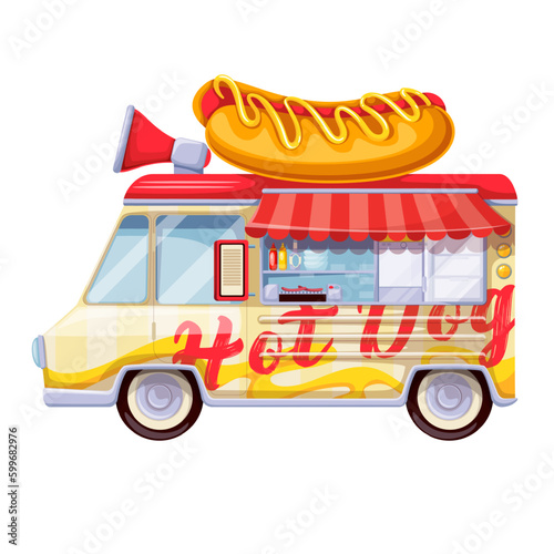 Hot dog truck vector illustration. Cartoon isolated car van with hotdog sandwich with sausage, ketchup and mustard on sign and megaphone on top, street food kiosk cooking tasty snacks in car