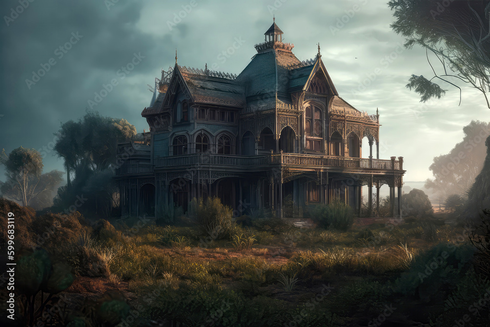 Obraz premium Gothic Steampunk Mansion In Eerie Landscape. Generative AI