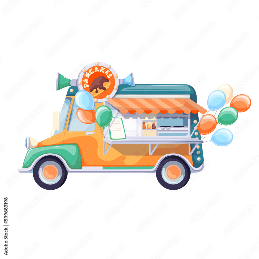 Pancakes truck vector illustration. Cartoon isolated street shop in retro car van with pancakes and chocolate sauce on sign and colorful balloons, cute mobile bakery cafe cooking crepes and cakes