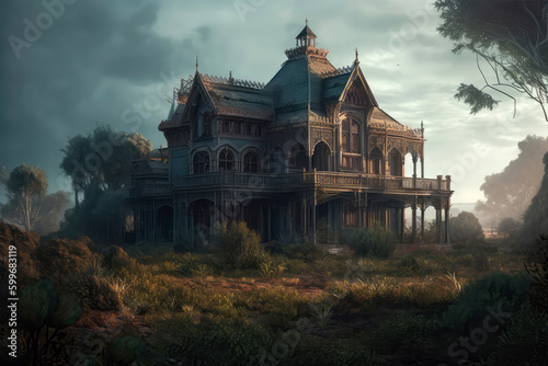 Gothic Steampunk Mansion In Eerie Landscape. Generative AI photo
