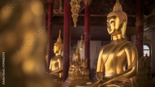 golden buddha statue in the temple, Generative AI