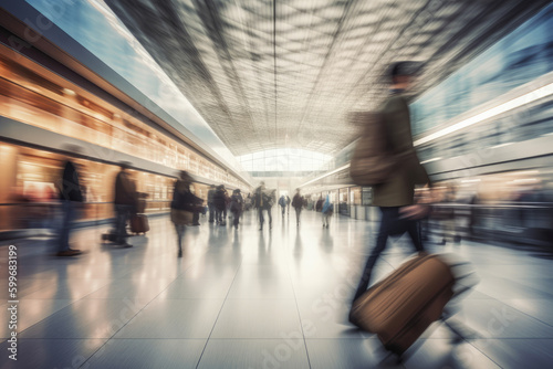 people walking carrying luggage in airport  with blurred motion
