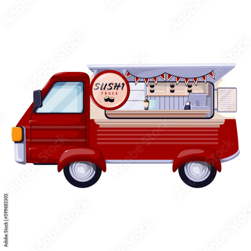 Japanese food truck with sushi vector illustration. Cartoon isolated retro mobile Japan restaurant, side view of cute red street shop vehicle with sushi sign and wheels for festival in city park