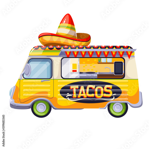 Tacos food truck vector illustration. Cartoon isolated yellow van bus with Mexican sombrero hat on top and tacos sign, window stall and wheels, side view of street market car selling hot snack