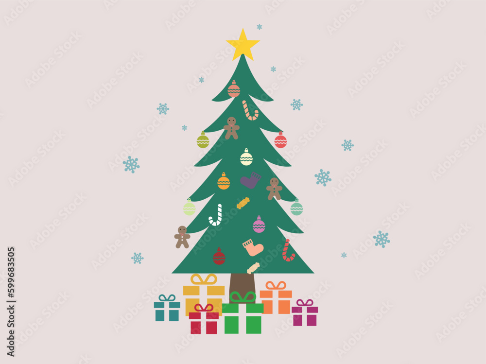 Fototapeta premium Christmas background with decorated tree and gift boxes. Colorful flat presents for holiday. Modern design. Vector illustration
