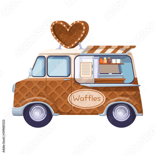 Waffle truck vector illustration. Cartoon isolated small cafe and street shop shop in wagon of van, vintage machine with waffle texture and heart sign on top, vending window stall and wheels