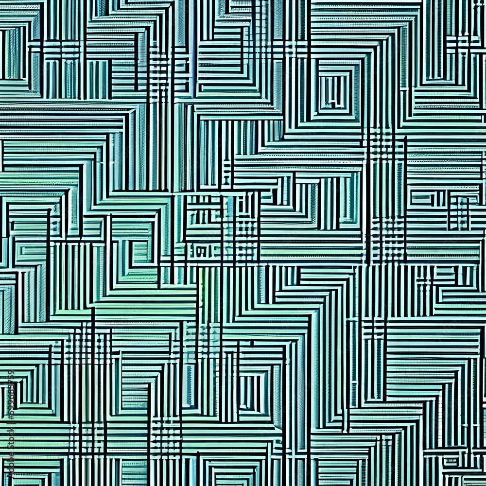 An intricate design of interlocking rectangles in shades of green and blue4, Generative AI