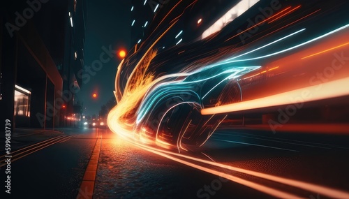 abstract long exposure dynamic speed light trails in urban environment. Car motion. Speed light streaks background with blurred fast moving light effect, cyan and orange colors on black. Generative AI © useful pictures