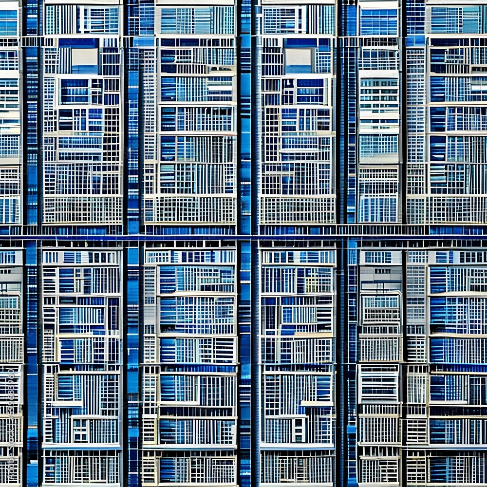 A symmetrical design of squares and rectangles in shades of blue and gray, resembling a city skyline at night3, Generative AI A symmetrical design of squares and rectangles in shades of blue and gray, resembling a city skyline at night3, Generative AI