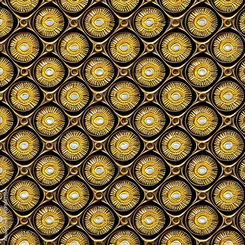 A repeating pattern of circles and diamonds in shades of gold and bronze2  Generative AI