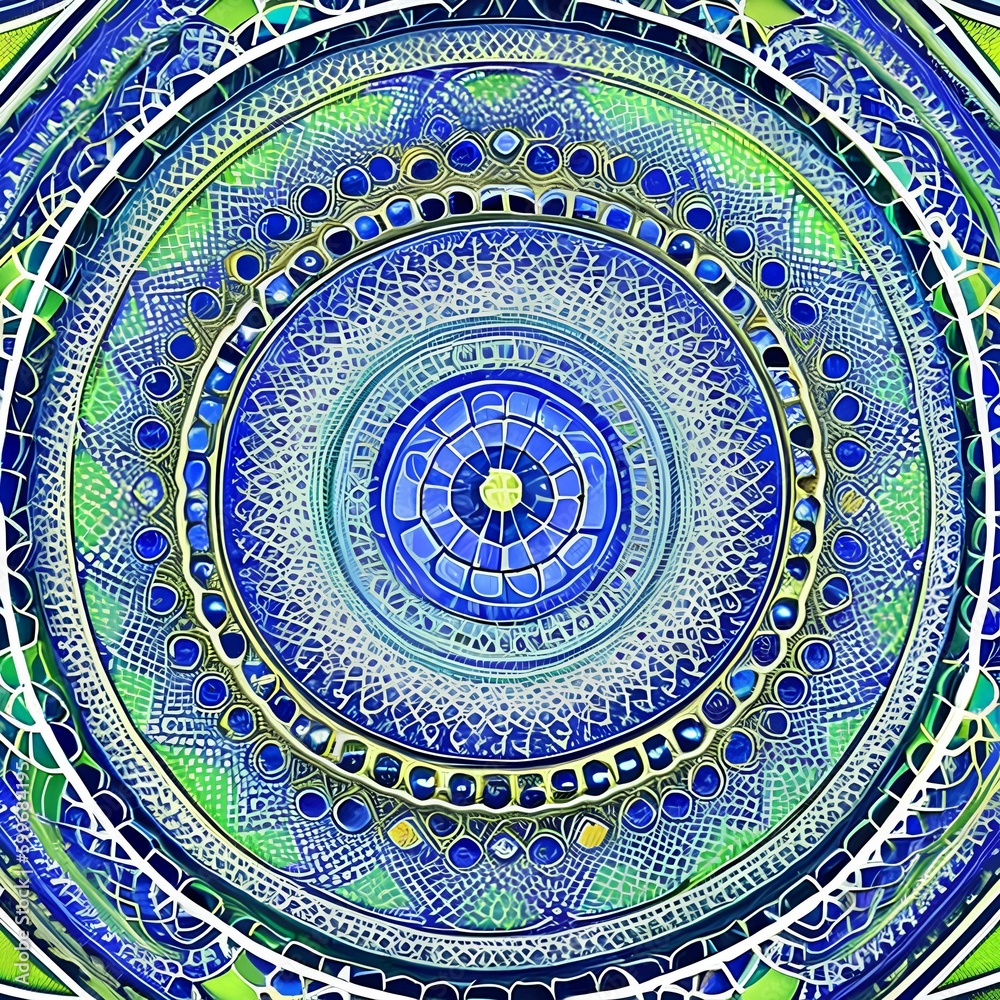 Fototapeta premium An abstract pattern of interlocking circles in shades of green and blue2, Generative AI