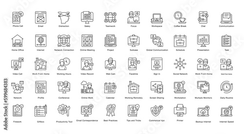 Remote Work Thin Line Iconset Home Office Outline Icon Bundle in Black