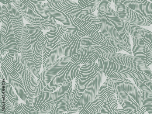Seamless floral abstract background with  leaves drawn by thin lines. Grey  background with green leaves, monochrome.Vector floral  pattern