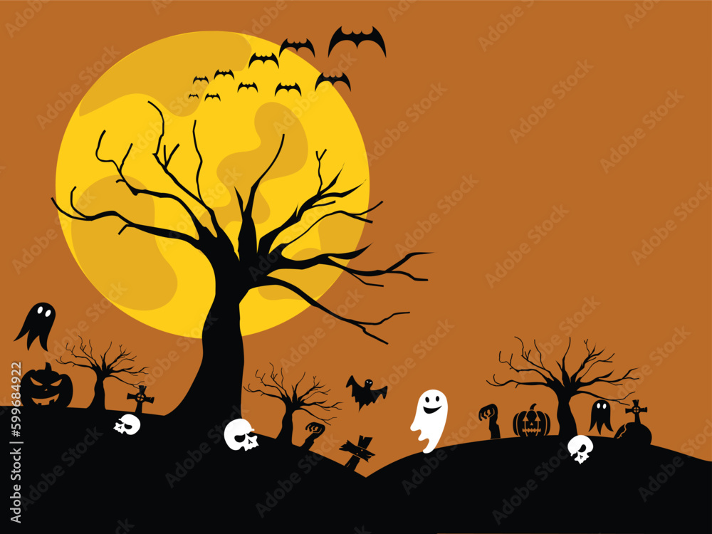 Halloween Fullmoon Banner, Haunted House, Pumpkins and Bats.