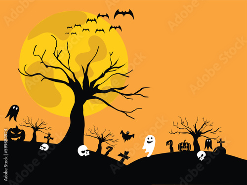 Halloween Fullmoon Banner, Haunted House, Pumpkins and Bats.