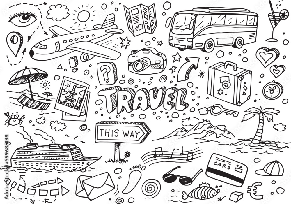 Travel hand drawn vector doodles on white paper - obrazy, fototapety, plakaty 