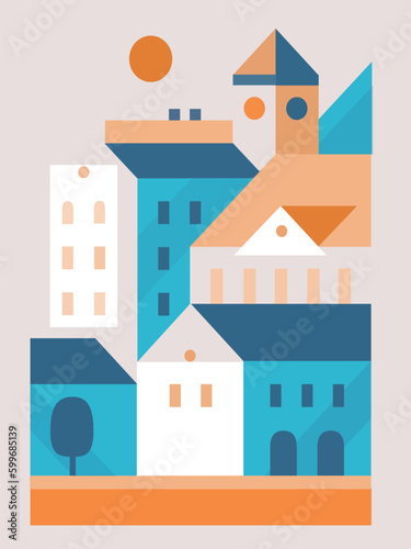 Vector illustration in simple minimal geometric flat style - city landscape with buildings.