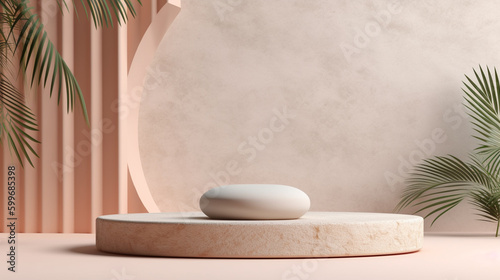 Pastel Pink and Beige Backdrop with Concrete Stone Step Up Podium - Product Mock Up and Display for Cosmetic, Beauty, and Tech Products - Background with Palm Leaves - Generative AI