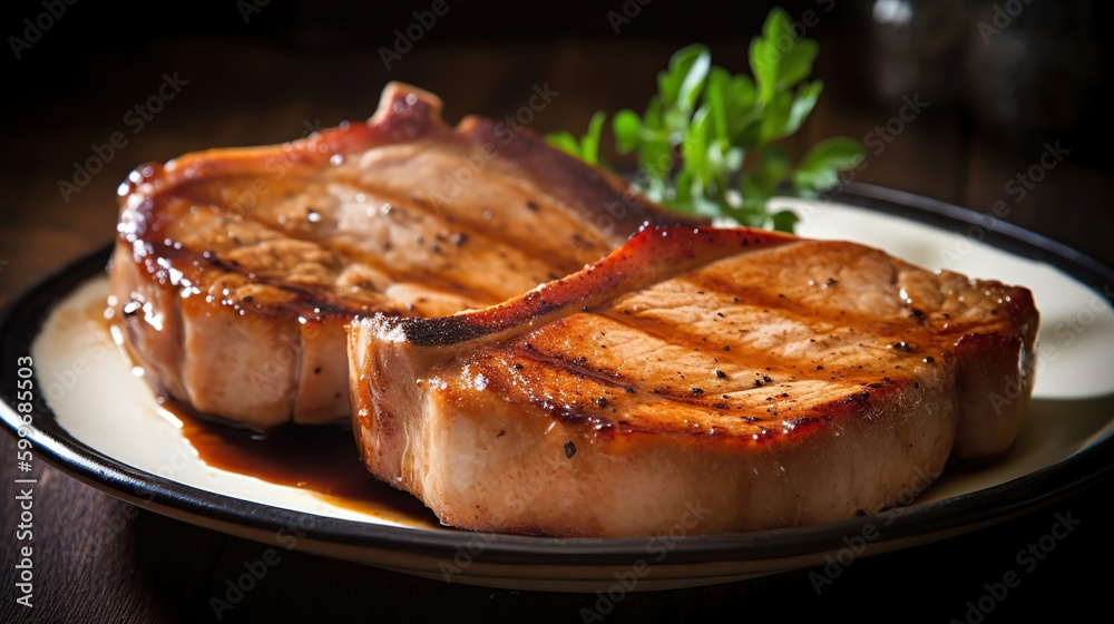 Juicy grilled pork chop fillet steak. Generative AI Juicy grilled pork chop fillet steak. Generative AI