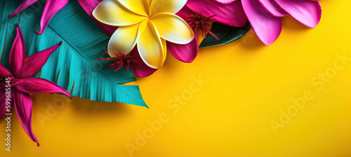 Large tropical flowers on yellow and background with copy space. Generative AI