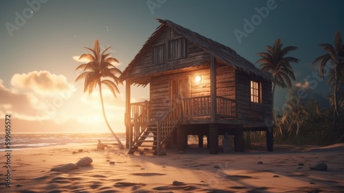 Old wooden houses on the beach at sunset. Eco tourism.
