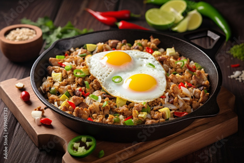 Tasty filipino sisig food served with egg lime and chili, Generative Ai