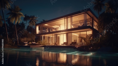 3d render of modern house on the beach with swimming pool. Generative AI. © Dmitry