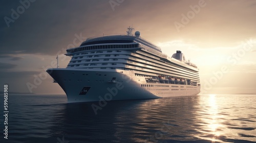 Cruise ship in the sea. 3d rendering. Sunset. Generative AI.  © Dmitry