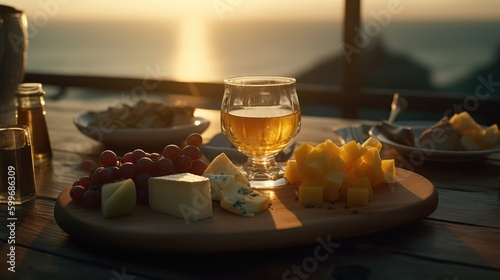 Cocktail with cheese and crackers on wooden table at sunset. Summer background, wallpaper. Generative AI.