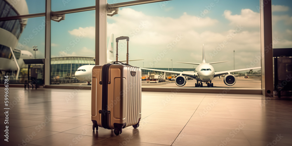 A suitcase on an airport with blurred background. Business travel concept. Generative ai. Travel background