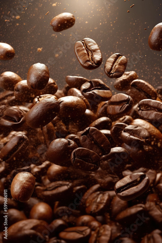 Flying coffee beans background. Close-up brown coffee beans banner. generative ai. Closeup coffee grains background