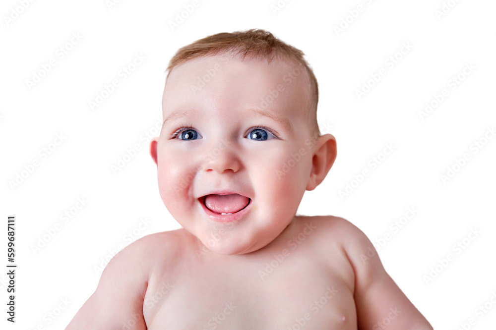 Portrait of a happy infant baby on a bed in a home living room, aged from six to seven months, isolated on a white background. Laughing toddler kid on the sofa, face close-up Portrait of a happy infant baby on a bed in a home living room, aged from six to seven months, isolated on a white background. Laughing toddler kid on the sofa, face close-up