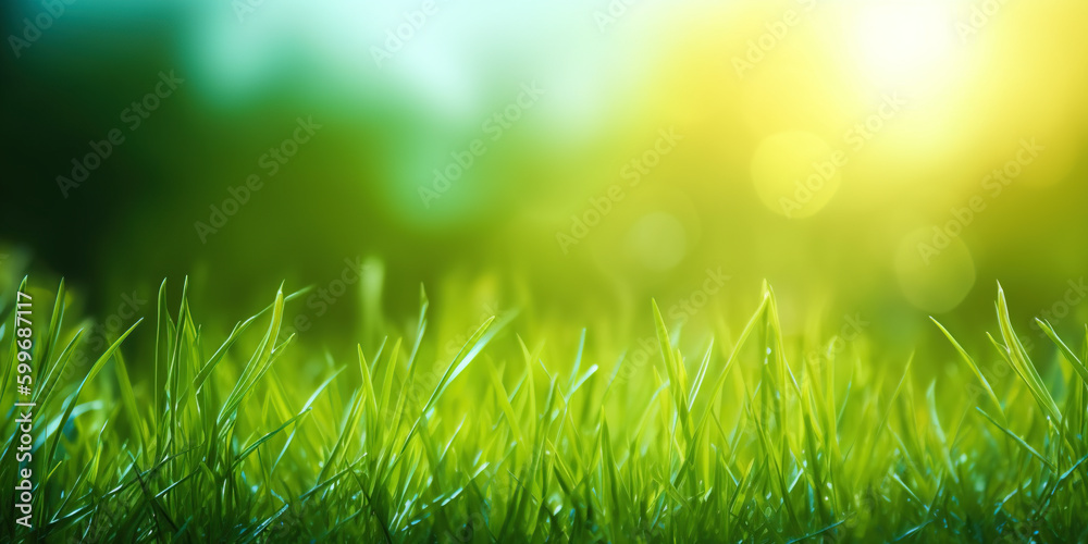 Fresh green grass background in sunny summer day. A natural spring garden background of fresh green grass for product display. generative ai. Blurred nature background