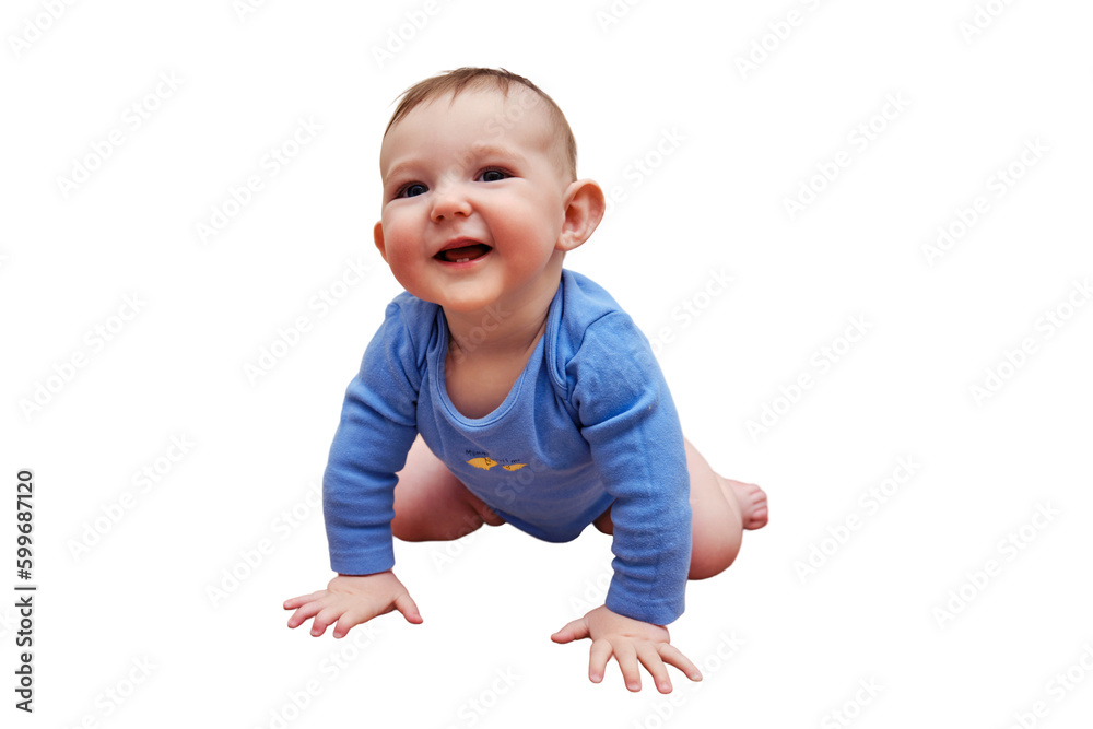 Happy baby toddler crawls on a wooden laminate, isolated on a white background. Funny child is sitting smiling on the parquet in the home living room Happy baby toddler crawls on a wooden laminate, isolated on a white background. Funny child is sitting smiling on the parquet in the home living room